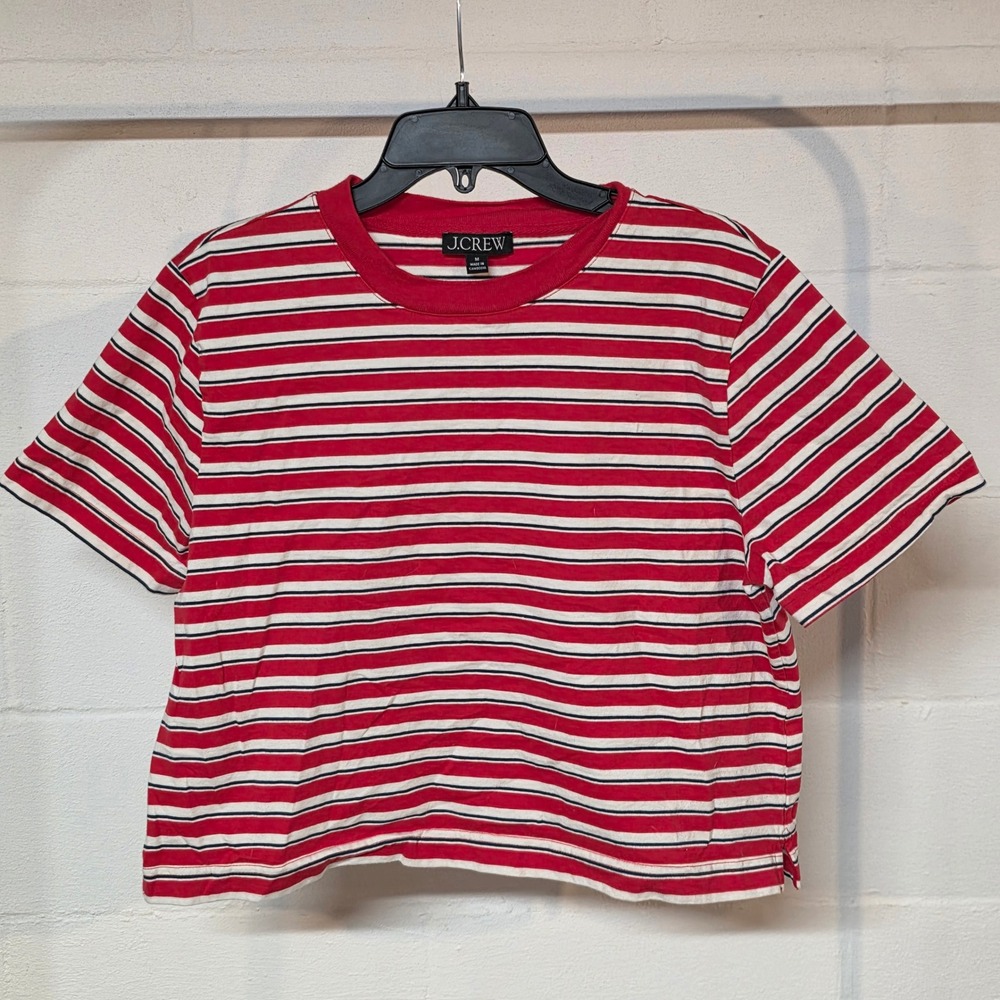 J.Crew Womens Medium Red White Navy Blue Striped Boxy Cropped T-Shirt Summer
